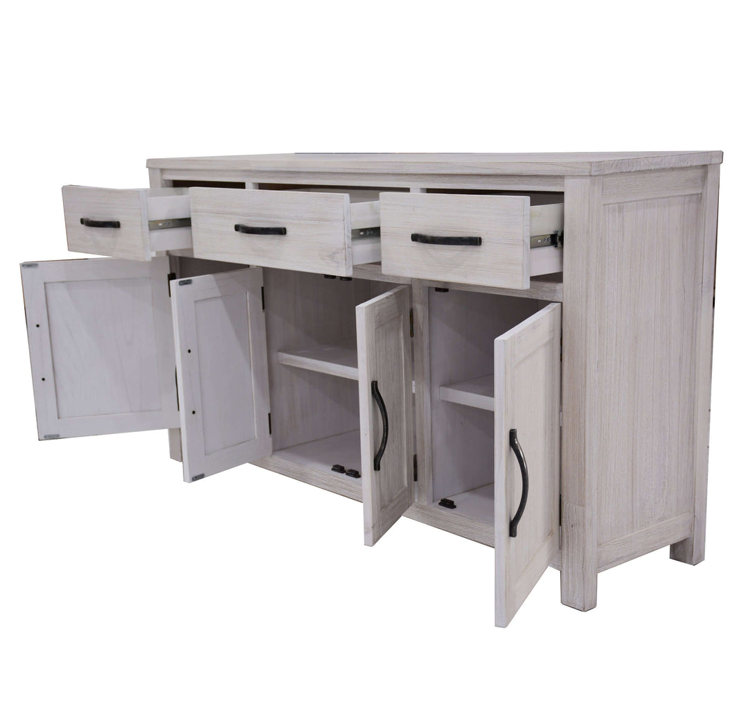 Foxglove buffet table in white, featuring 4 doors and 3 drawers, crafted from solid Mt Ash timber for affordable, quality storage.