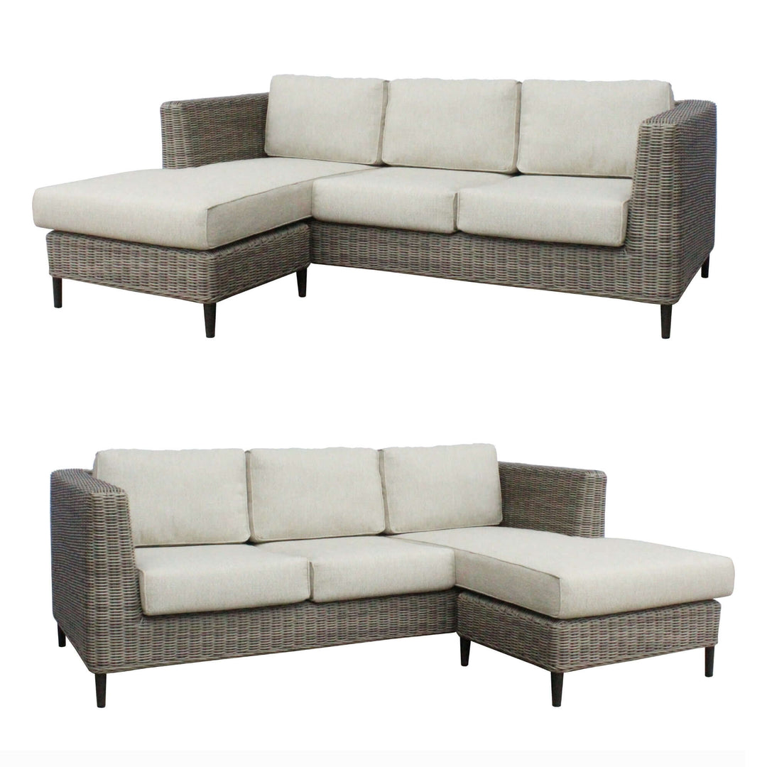 Affordable light grey rattan 3-seater outdoor sofa with reversible chaise lounge, ideal for DIY luxury patio spaces.