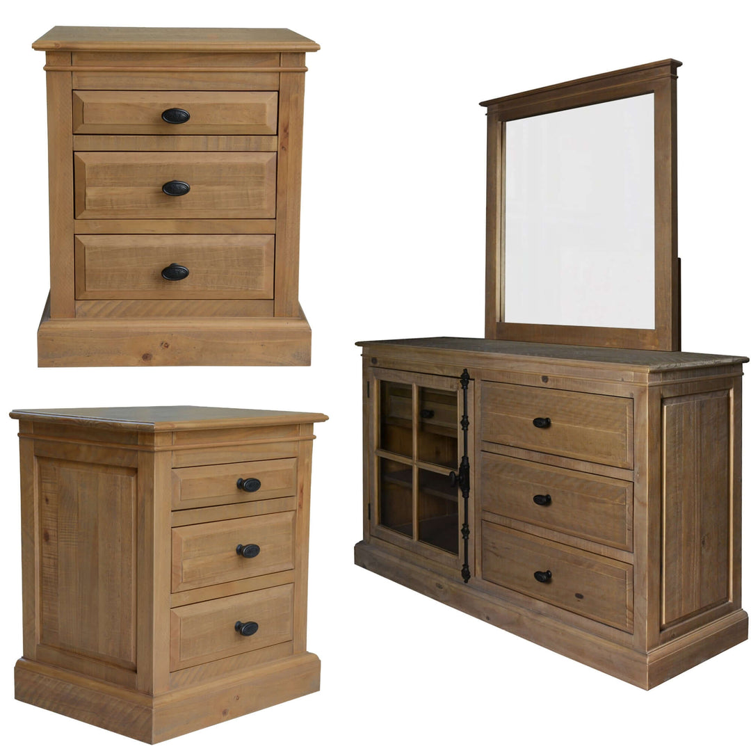 Jade Set of 2 bedside tables and dresser mirror in rustic natural wood style, featuring spacious drawers and a decorative design.