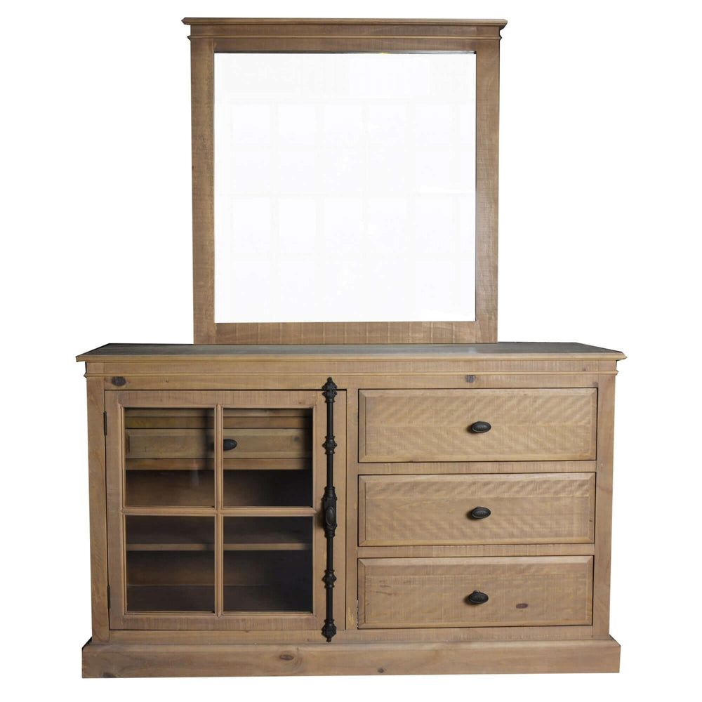 Rustic French Provincial style 2pc bedside dresser mirror set with spacious drawers and glass door.