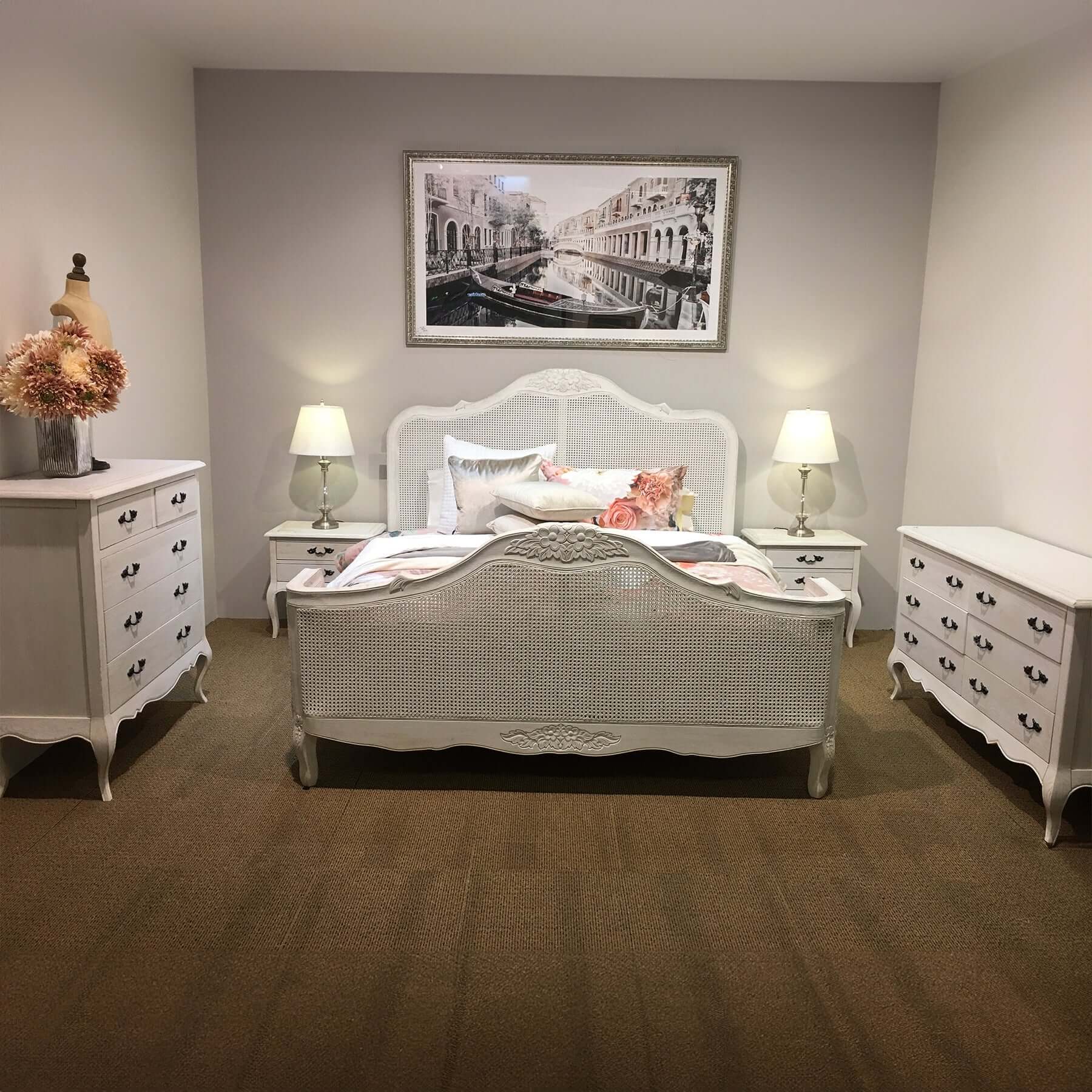 Affordable luxury bedroom set with white furniture, featuring a stylish bed and elegant decor, perfect for DIY home styling.