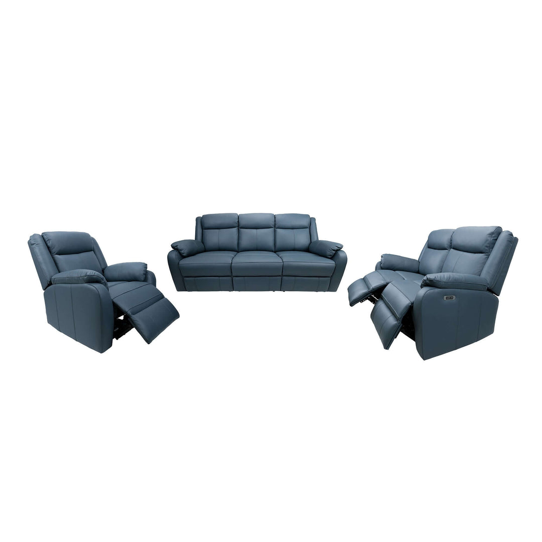 Affordable Bella electric recliner lounge suite in blue, featuring 3+2+1 seating arrangement and quality genuine leather.