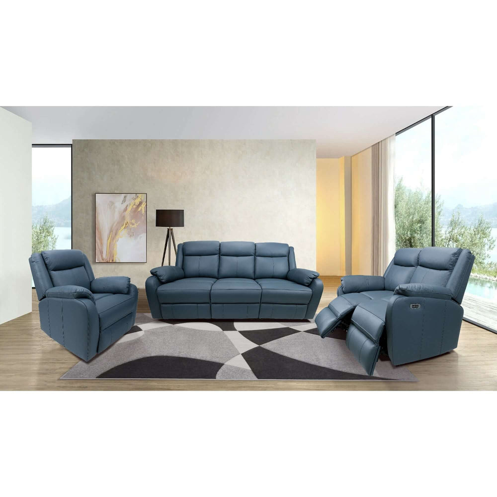 Bella 3+2+1 seater electric recliner lounge suite in blue, showcasing affordable quality and modern design.