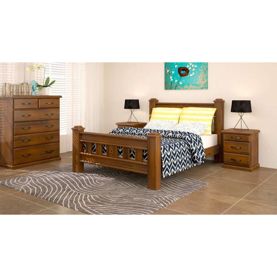 Dark brown umber bedside table with 3 drawers in stylish bedroom setting, enhancing charm and utility.