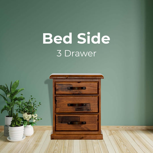 Dark brown 3-drawer bedside table with traditional design, offering affordable and quality storage for any bedroom.