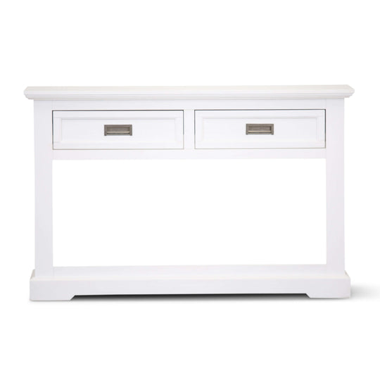 Laelia Console Hallway Entry Table in white, 2 drawers, solid acacia wood, modern coastal design, stylish and affordable furniture.