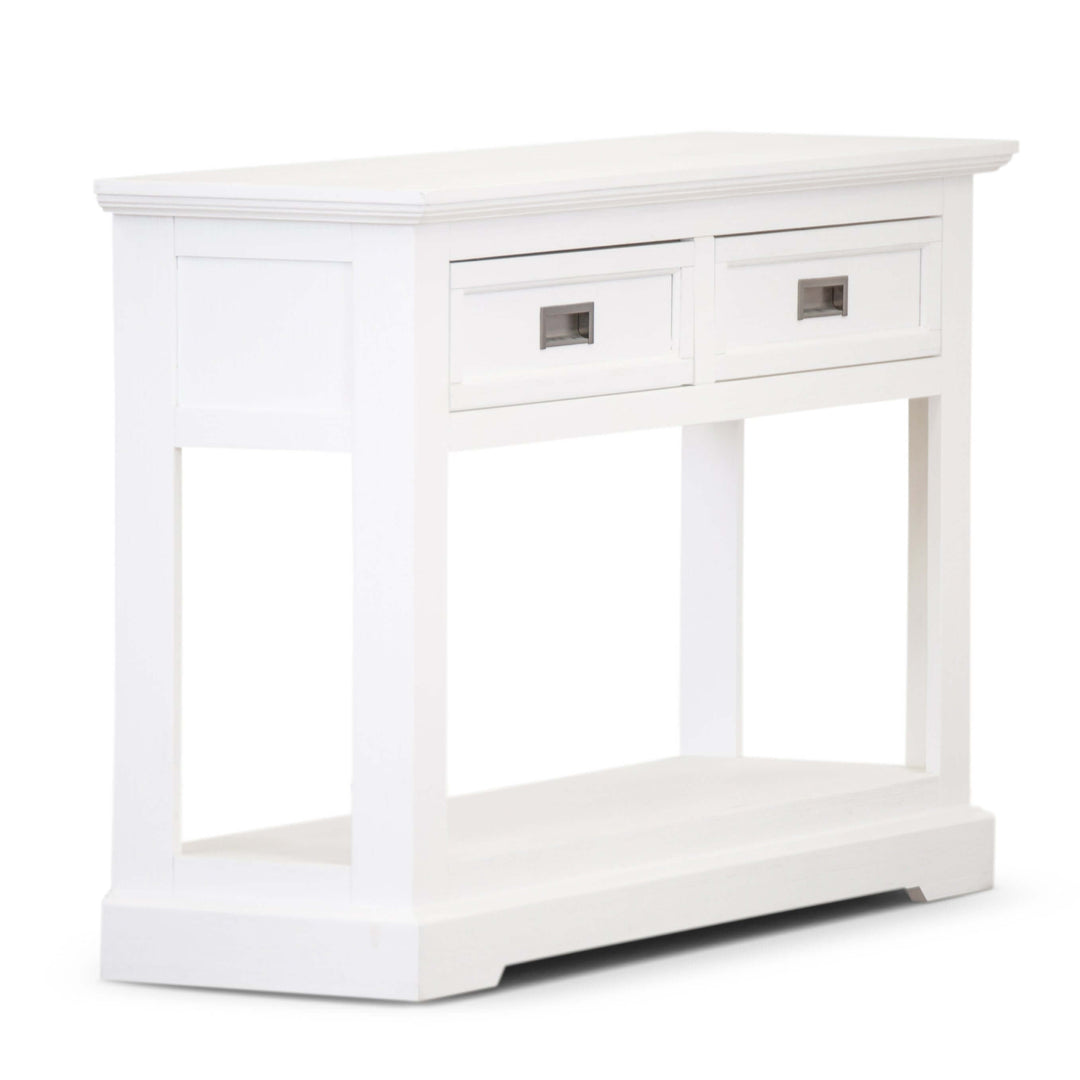 Laelia Console Hallway Entry Table, 125cm, Solid Acacia Timber, 2-drawer design, Affordable quality, coastal style, white finish.