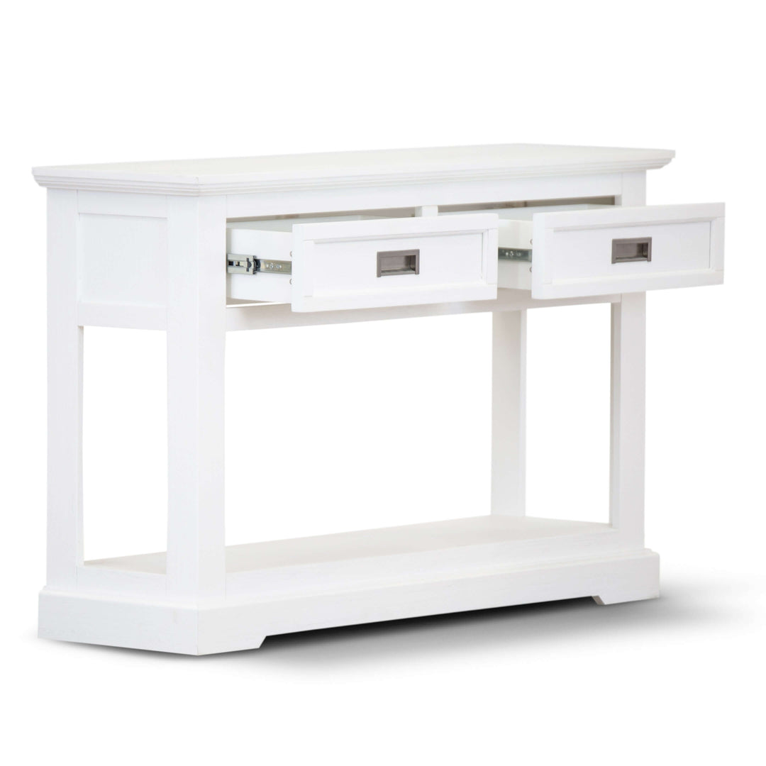 Laelia Console Hallway Entry Table in white, featuring 2 drawers and a lower shelf, made of solid acacia wood.