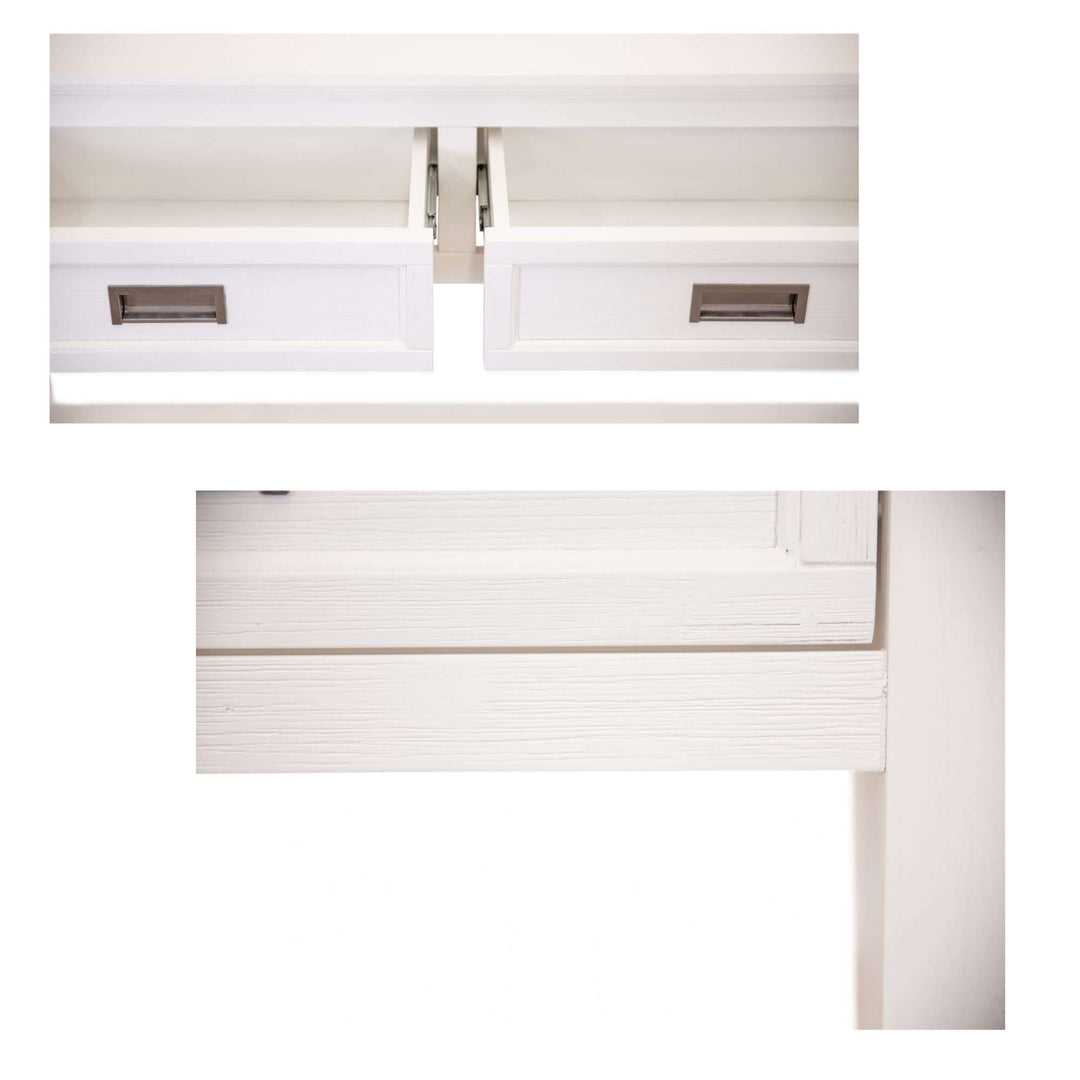 Close-up view of the Laelia Console Table's two white drawers, showcasing quality craftsmanship and modern design.