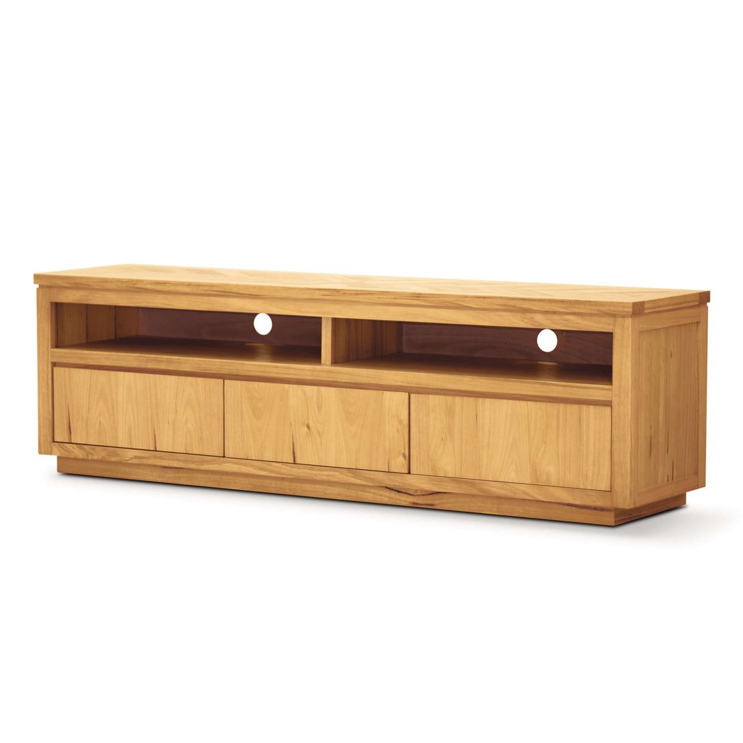 Rosemallow ETU entertainment TV unit in solid messmate timber with 3 drawers and 2 open niches for cable management.