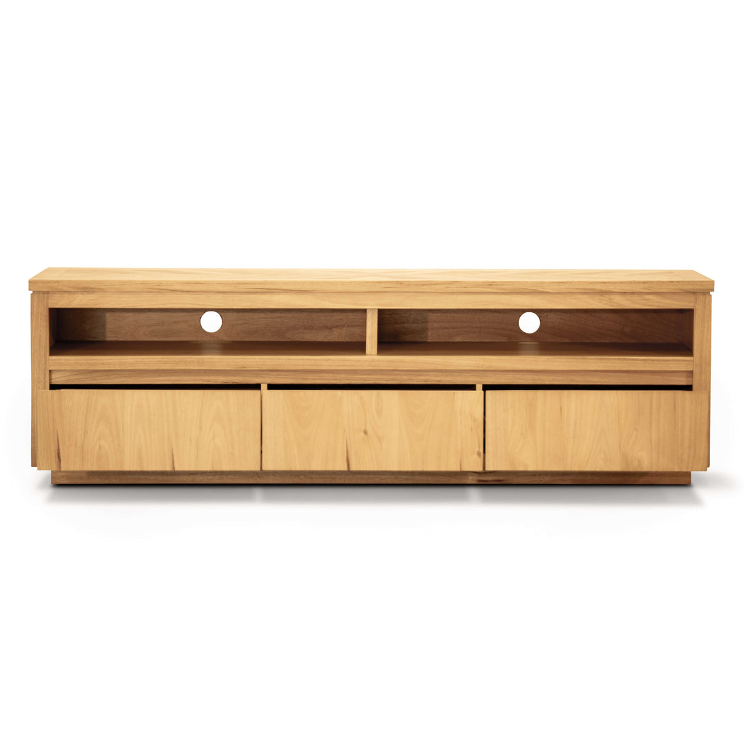 Rosemallow ETU Entertainment TV unit in solid messmate timber with 3 drawers and 2 open niches for media storage.