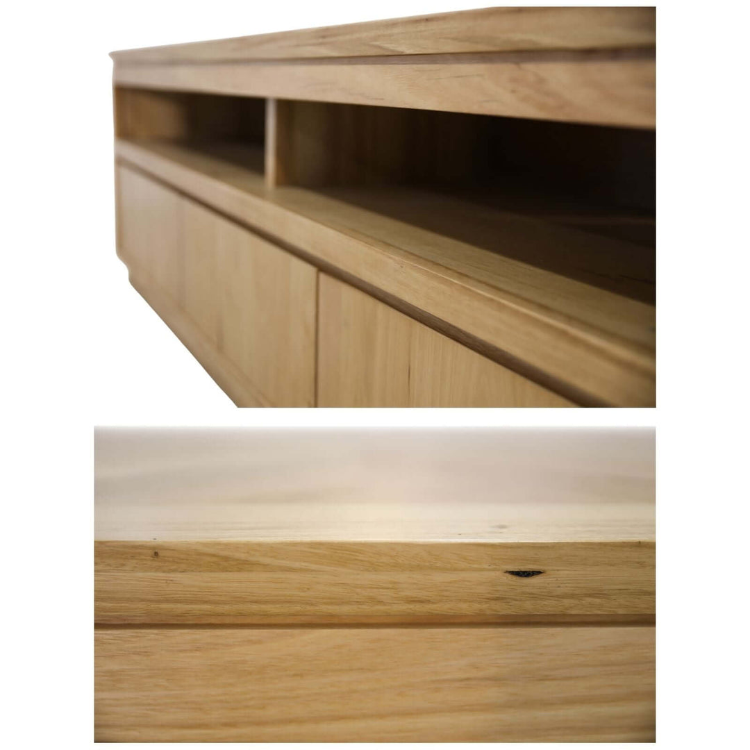 Close-up of Rosemallow ETU TV unit showing solid timber finish and drawer details, highlighting quality craftsmanship and design.