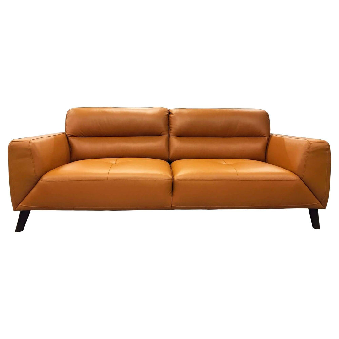 Affordable Downy genuine leather 3-seater sofa in tangerine, modern design with quilted seats and lumbar support.