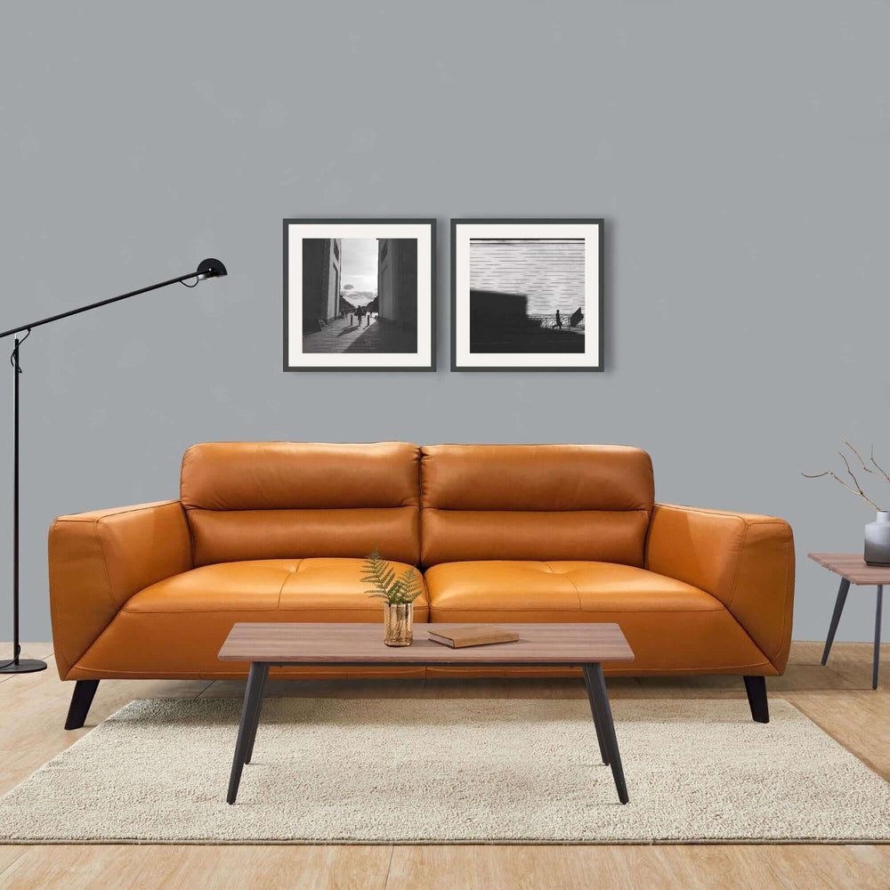 Modern tangerine leather 3-seater sofa in stylish living room with artwork and table, showcasing affordable luxury and quality design.