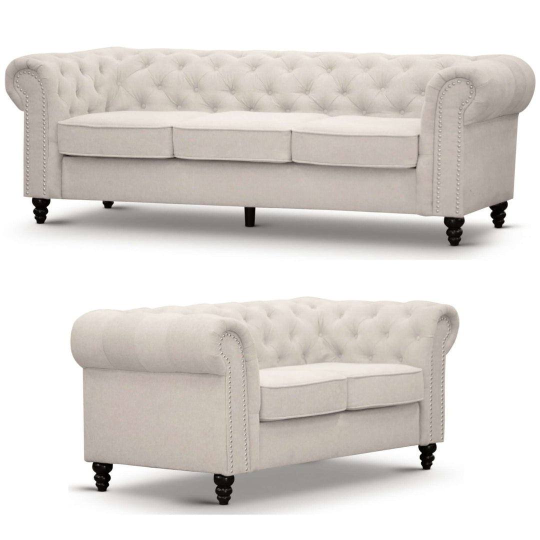 Affordable beige Chesterfield 3-seater and 2-seater fabric sofas with button tufting and rolled arms. Quality lounge furniture.