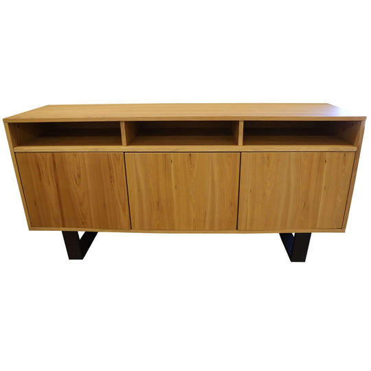 Natural wood buffet table with three doors and niches, featuring black metal legs for stylish storage solutions.