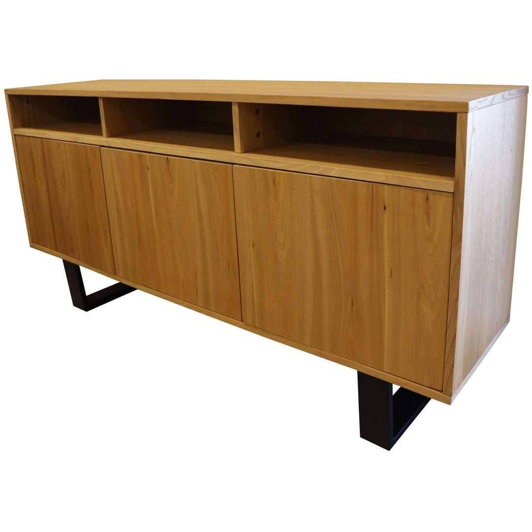 Natural wood buffet table with metal legs, featuring 3 doors and 3 niches, offering affordable and quality storage solutions.