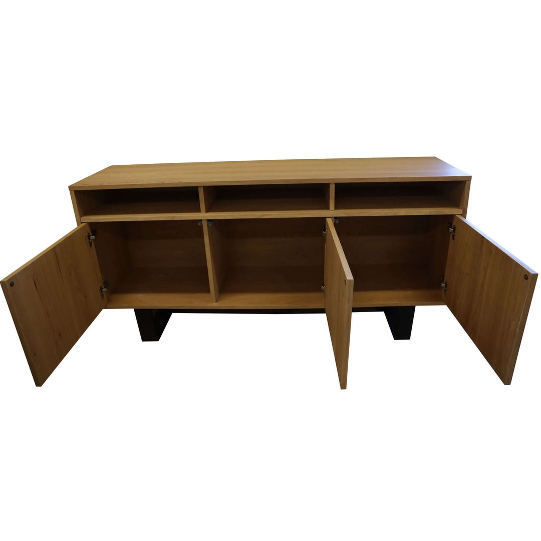 Affordable natural wood buffet table with three niches and four doors for stylish storage in living areas.