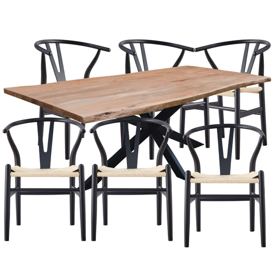 Lantana 7pc 210cm dining table with live edge acacia wood and 6 black wishbone chairs set