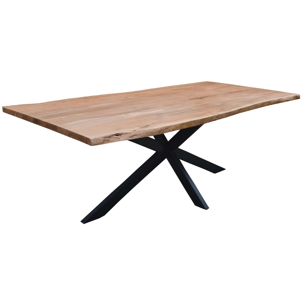 Industrial style live edge Acacia wood dining table with natural grain patterns and black legs.