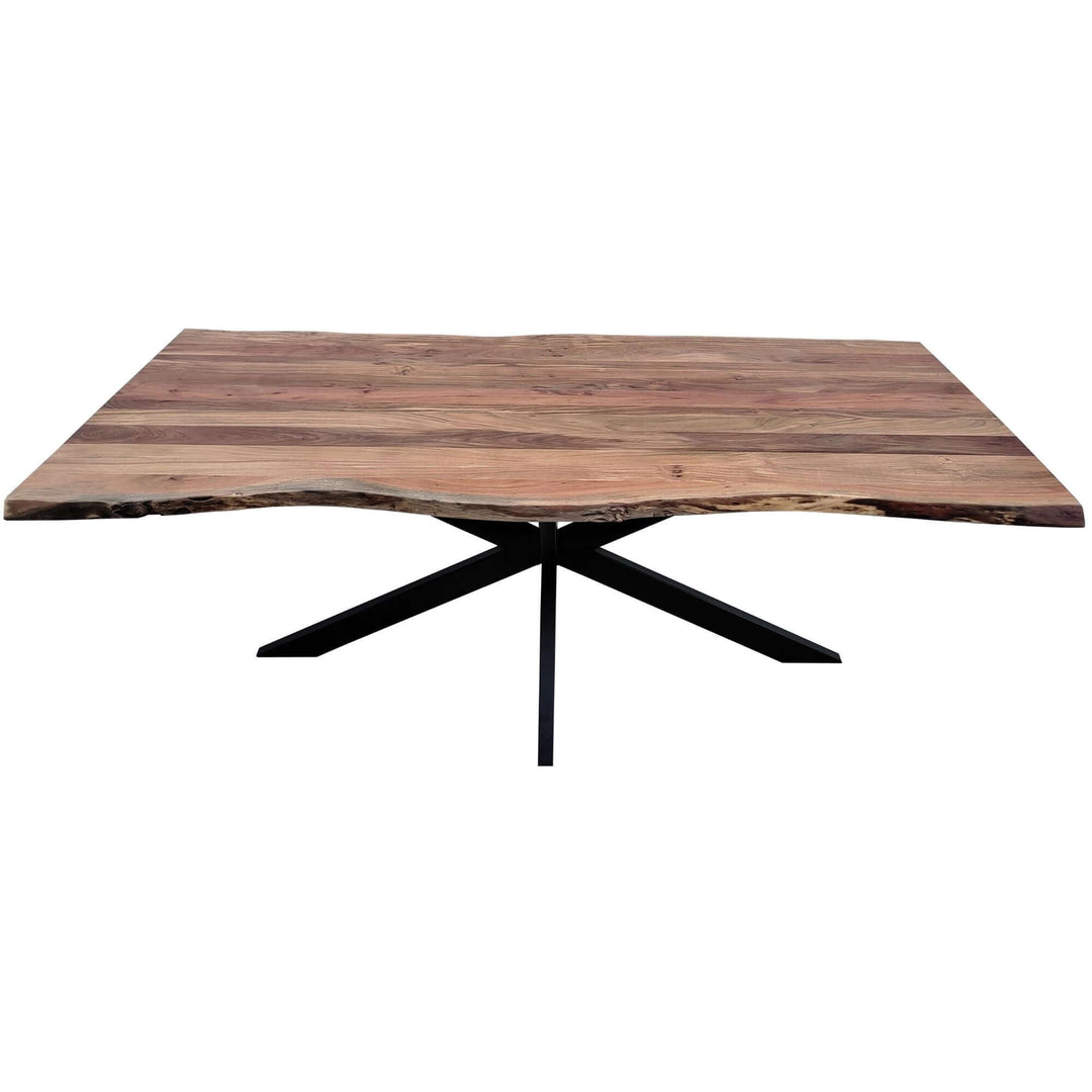 Live edge Acacia wood dining table with black industrial legs.