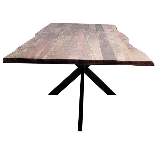 Live Edge Acacia Wood Dining Table with Natural Grain Patterns and Industrial Style Black Metal Legs.