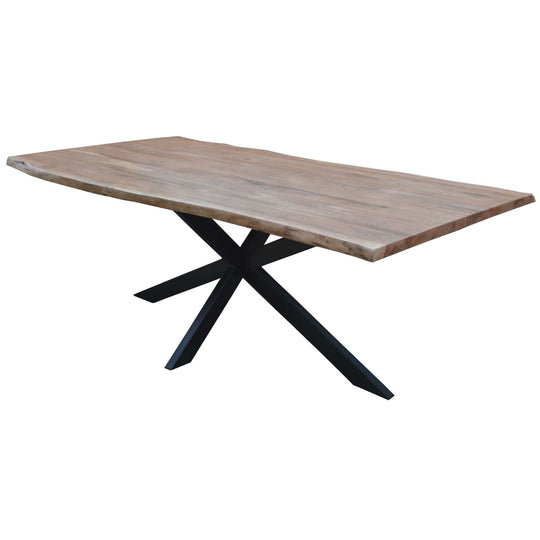 Live edge acacia wood dining table with black industrial style legs.