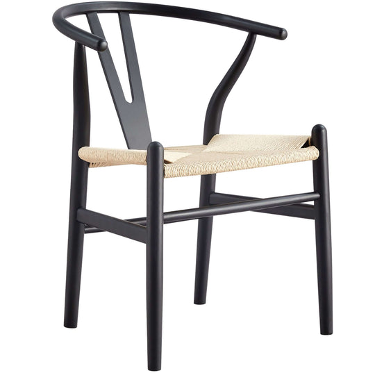 Black Wishbone chair with natural woven seat on white background.