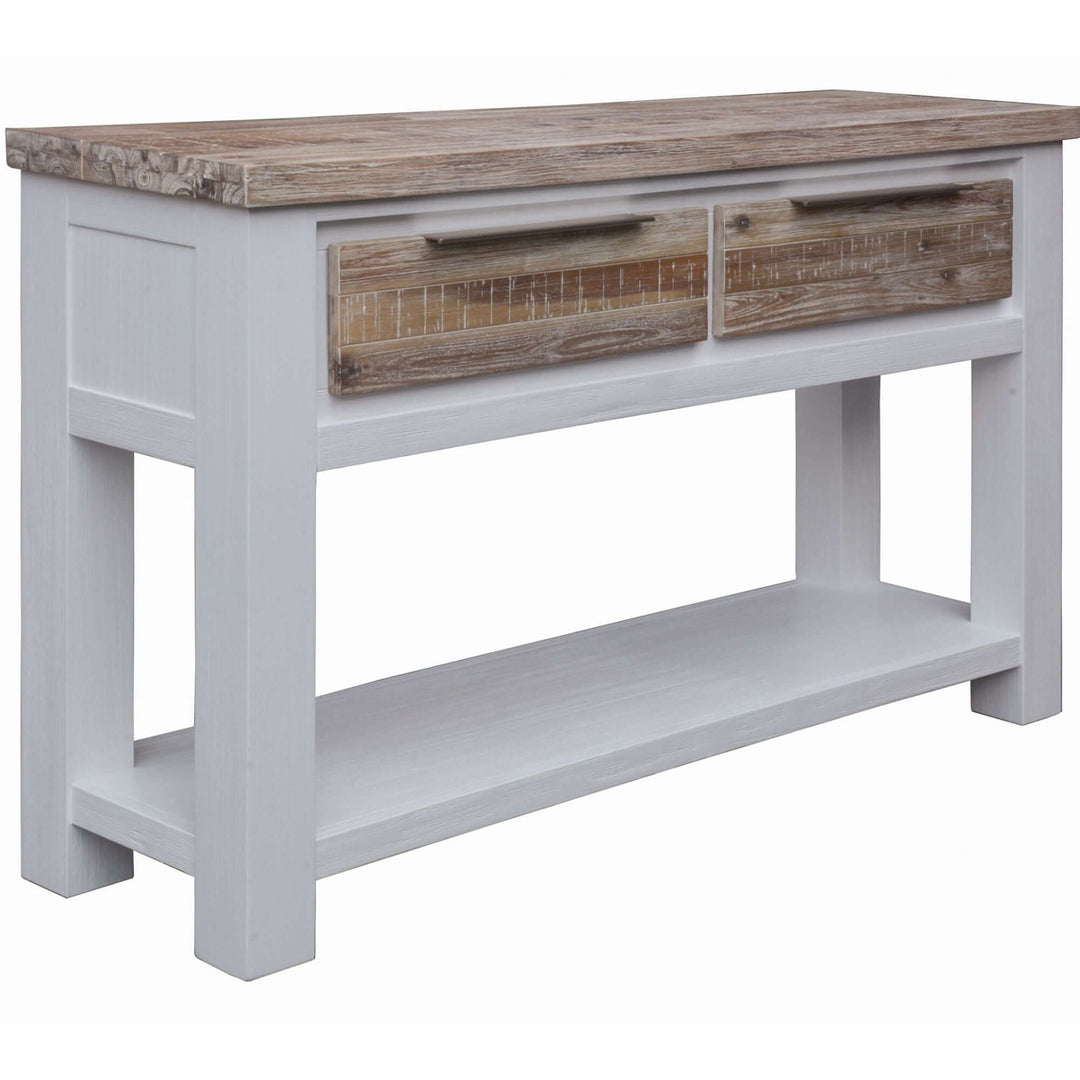 Affordable Plumeria console table in solid acacia timber, white brush finish, featuring 2 drawers for stylish storage.