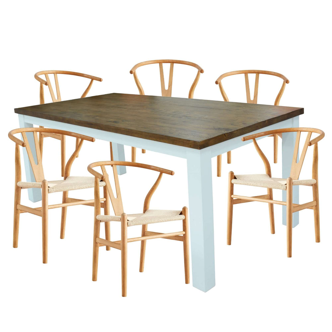 Norah 7pc dining set with solid acacia wood table and natural wishbone chairs, perfect for affordable luxury.