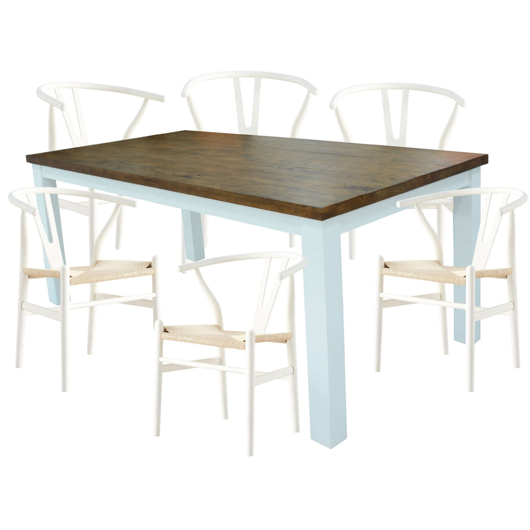 Norah 7pc dining set featuring a 180cm solid acacia wood table and white wishbone chairs, affordable luxury for DIY enthusiasts.