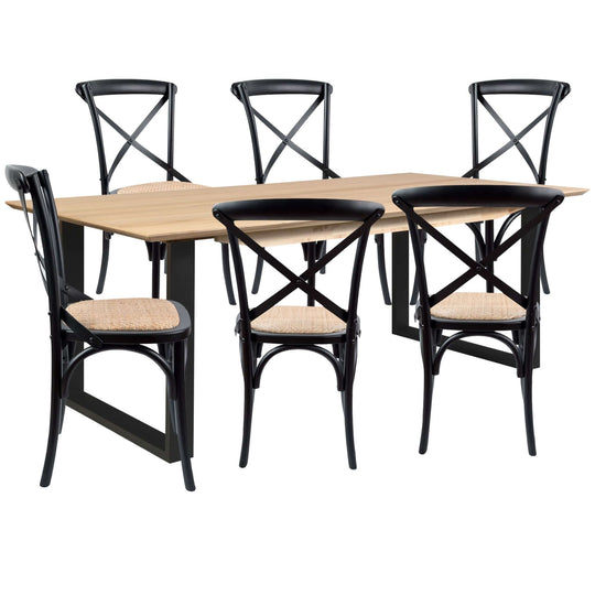 Aconite 7pc dining table set with 6 cross back chairs made of solid messmate timber wood, perfect for modern dining spaces.