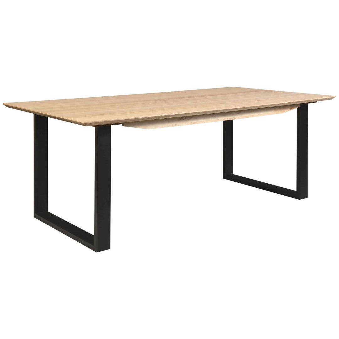 Modern solid messmate timber dining table with black metal legs, part of the Aconite 7pc 180cm dining table set.