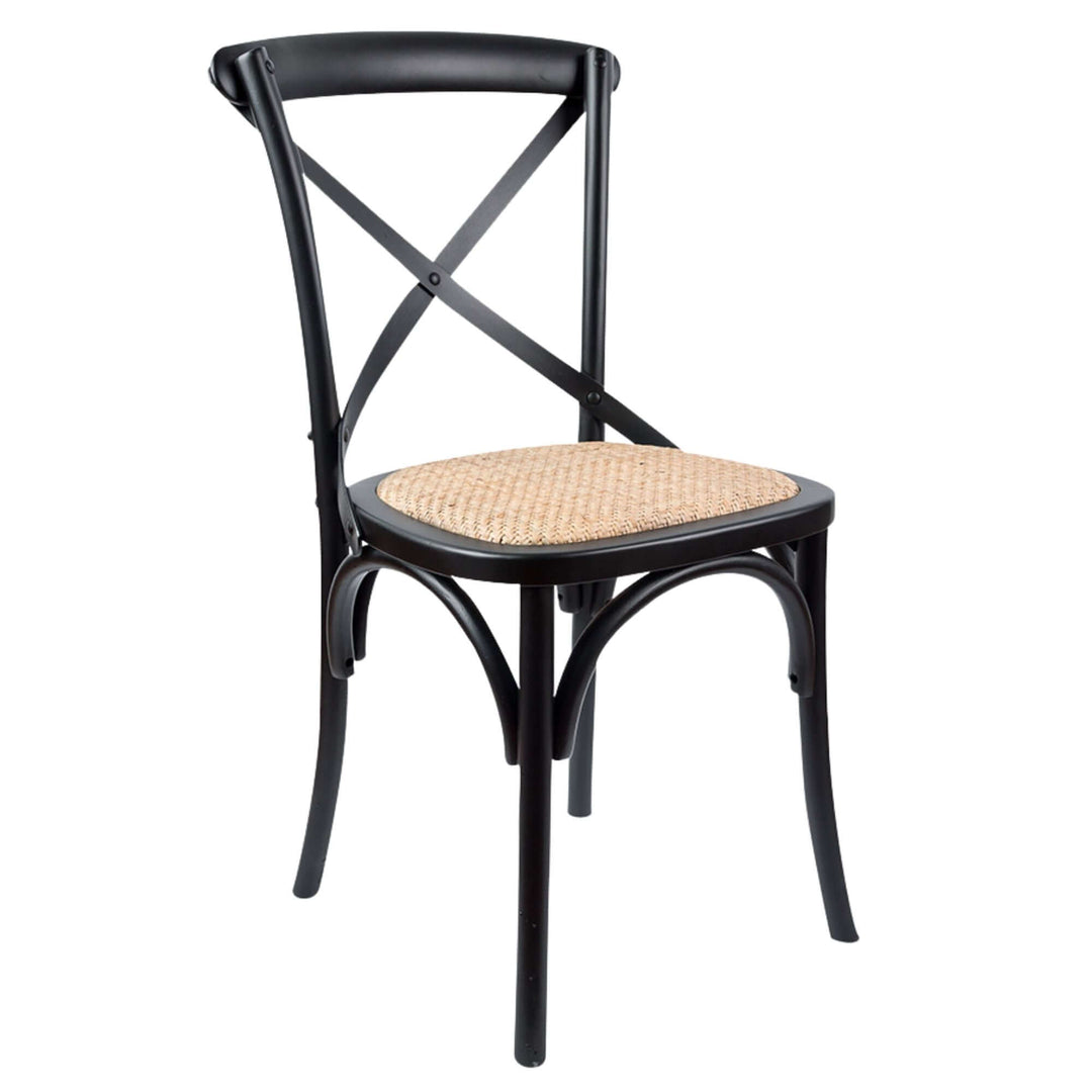 Black cross back chair with a woven rattan seat, part of the Aconite 7pc 180cm Dining Table Set, made of solid messmate timber wood.