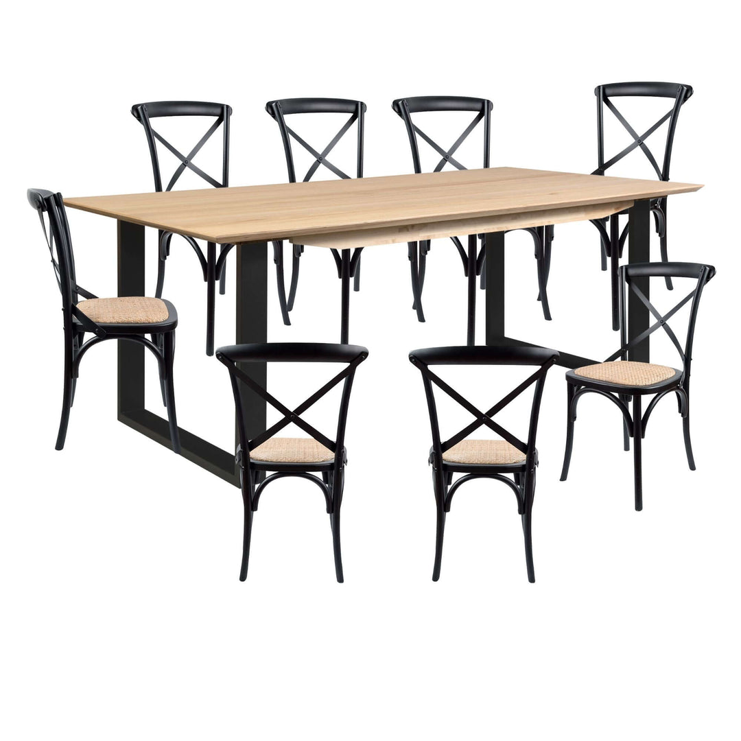 Aconite 9-piece 210cm dining table set with 8 cross back chairs made from solid messmate timber wood in modern design