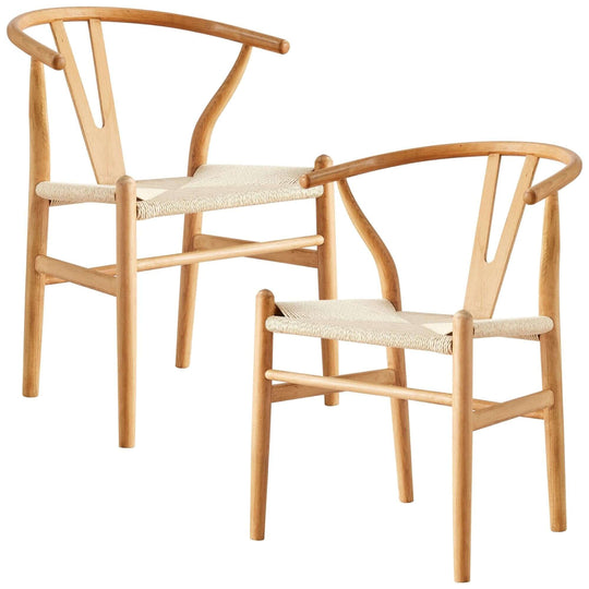 Set of 2 Hans Wegner Replica Wishbone dining chairs, beech timber with hand-woven paper twine seat, affordable luxury.