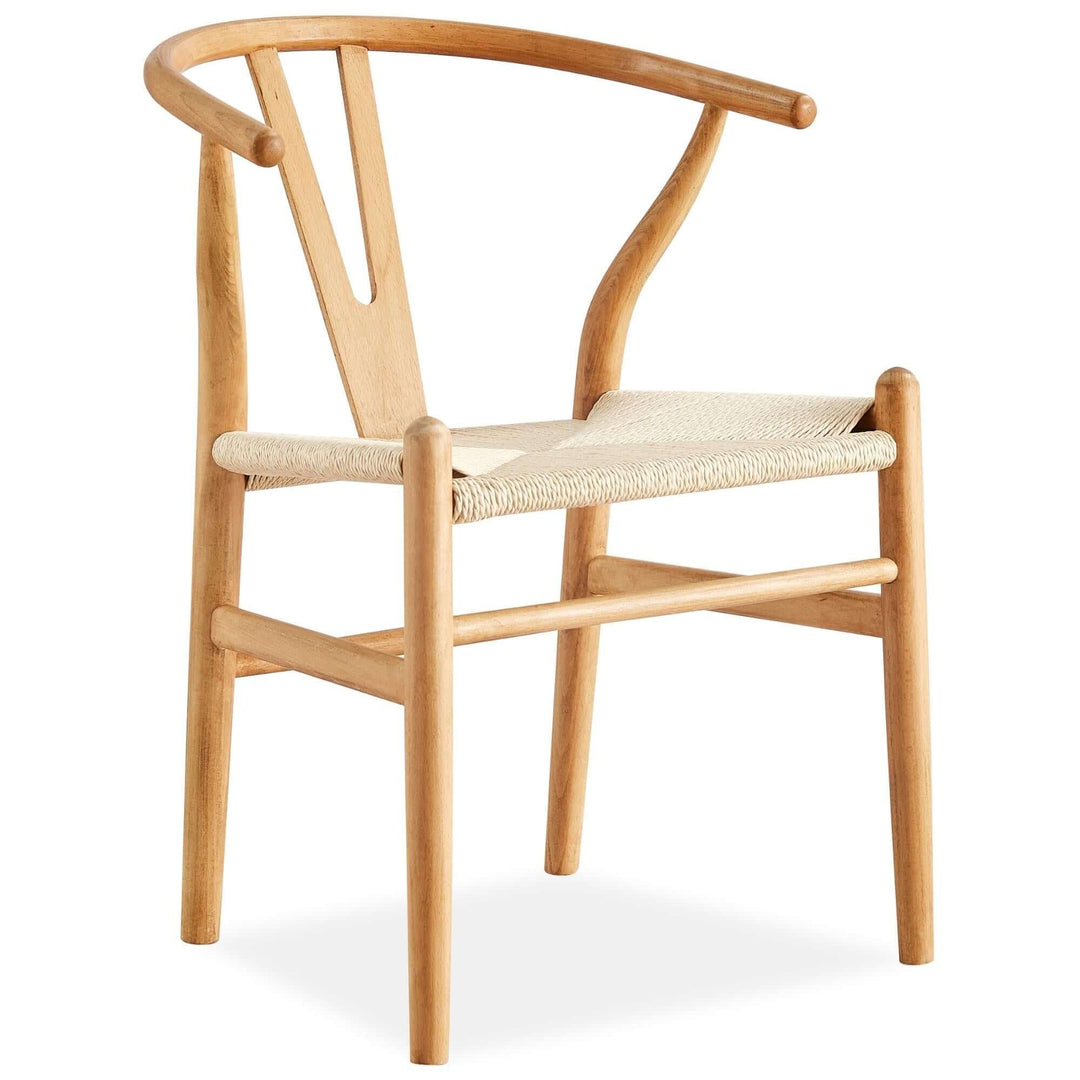 Affordable Hans Wegner replica Wishbone dining chair in natural beech timber with hand-woven paper twine seat.