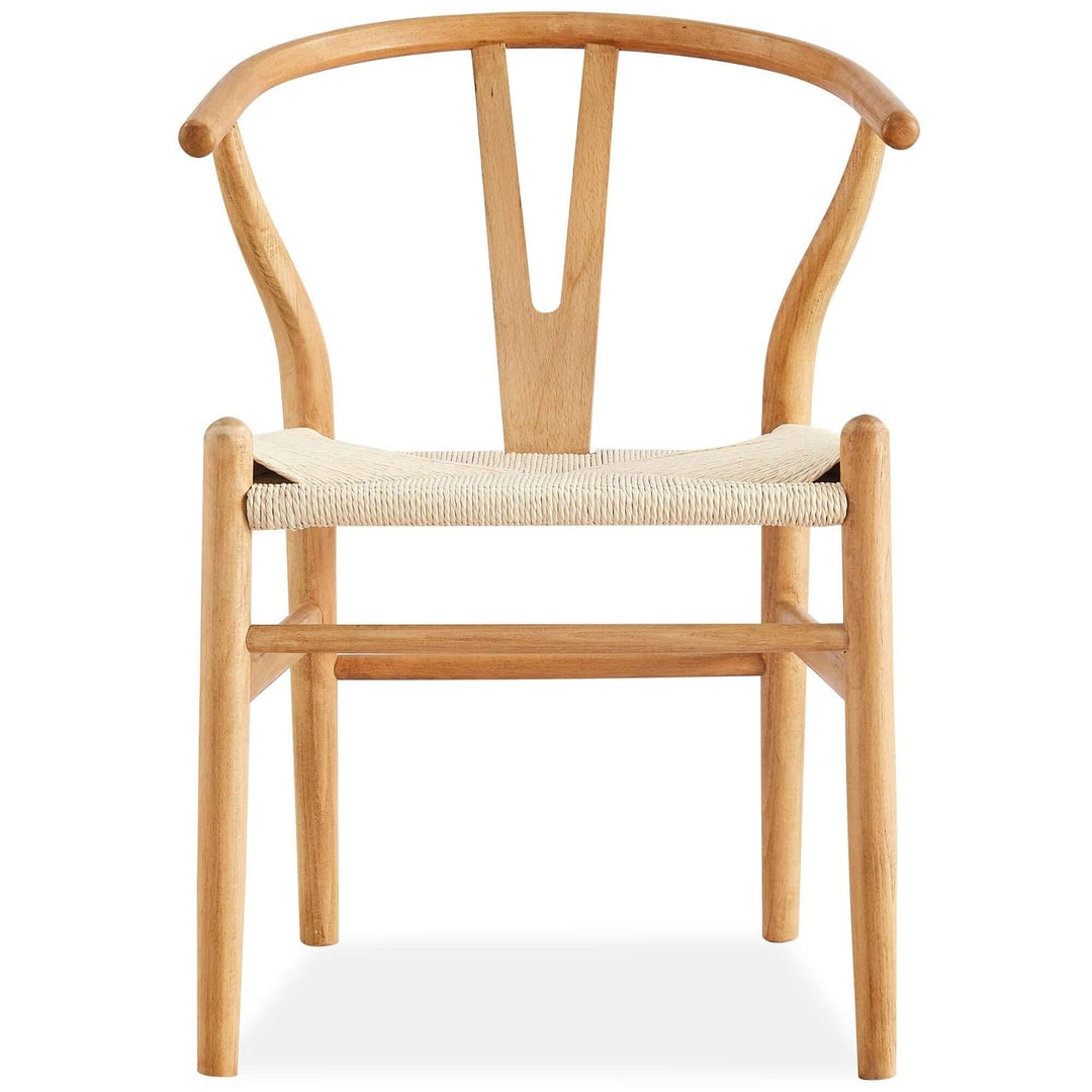 Scandinavian-style Anemone Wishbone dining chair in natural beech timber with woven paper twine seat, affordable luxury.