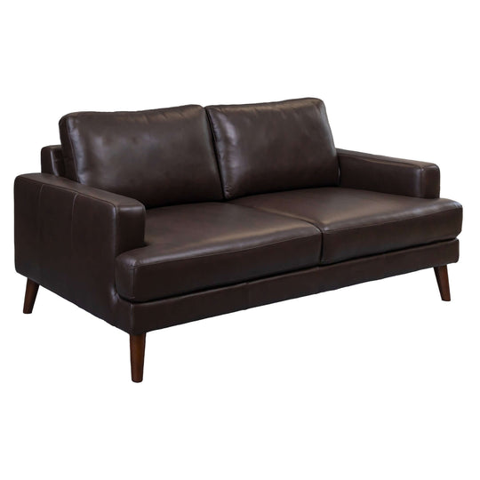 Chocolate leather 3-seater sofa with slimline design, perfect for affordable luxury in modern living spaces.