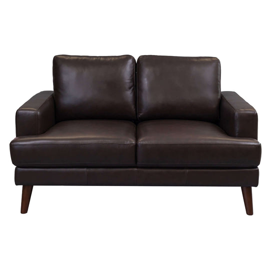 Matilda 2-seater chocolate leather sofa with modern design, loose back cushions, and wooden legs for quality and comfort.