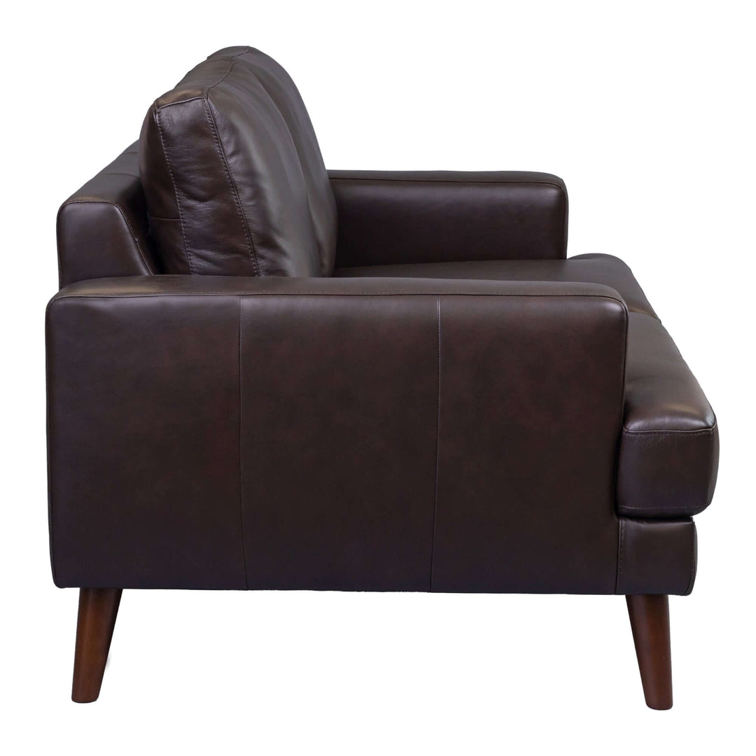 Side view of chocolate leather 2-seater sofa with slimline design and wooden legs, showcasing modern style and luxury comfort.