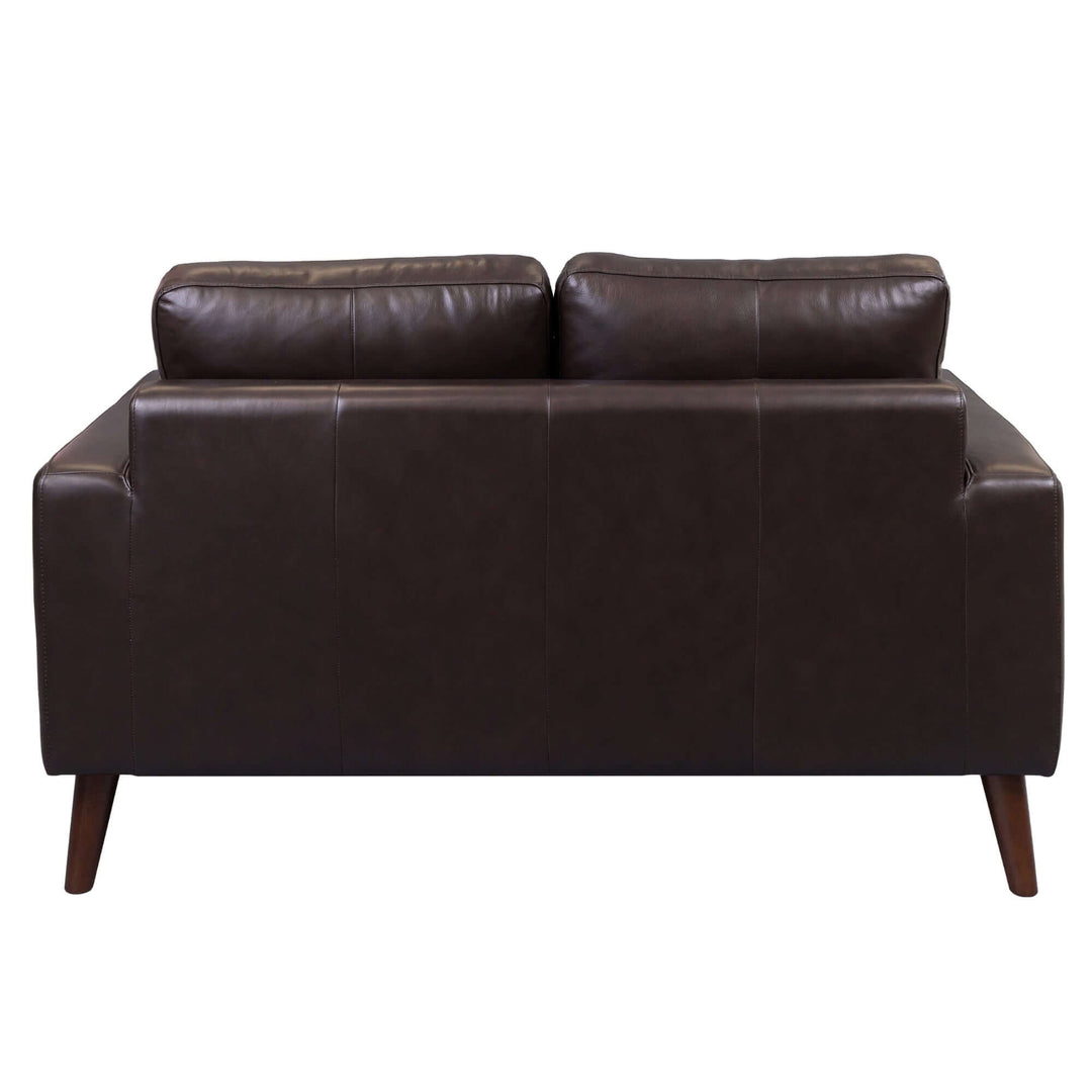 Affordable chocolate leather 2-seater sofa with loose back cushions and modern design, perfect for stylish living areas.