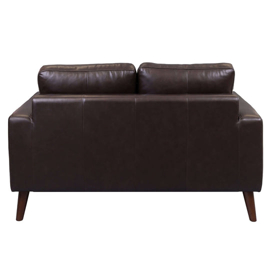 Affordable chocolate leather 2-seater sofa with loose back cushions and modern design, perfect for stylish living areas.