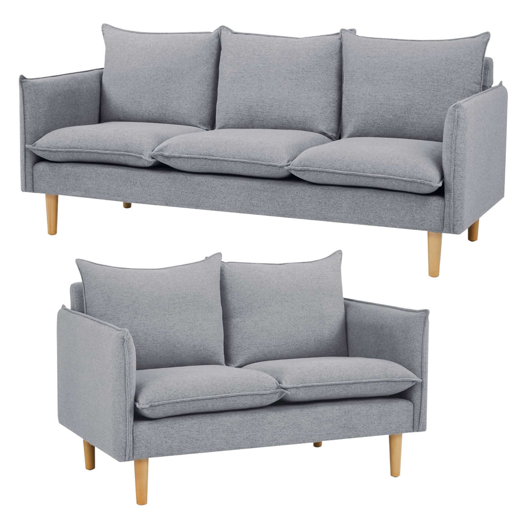 Affordable grey 2+3 seater fabric sofa set with plush cushions and wooden legs, perfect for DIY luxury lounge decor.