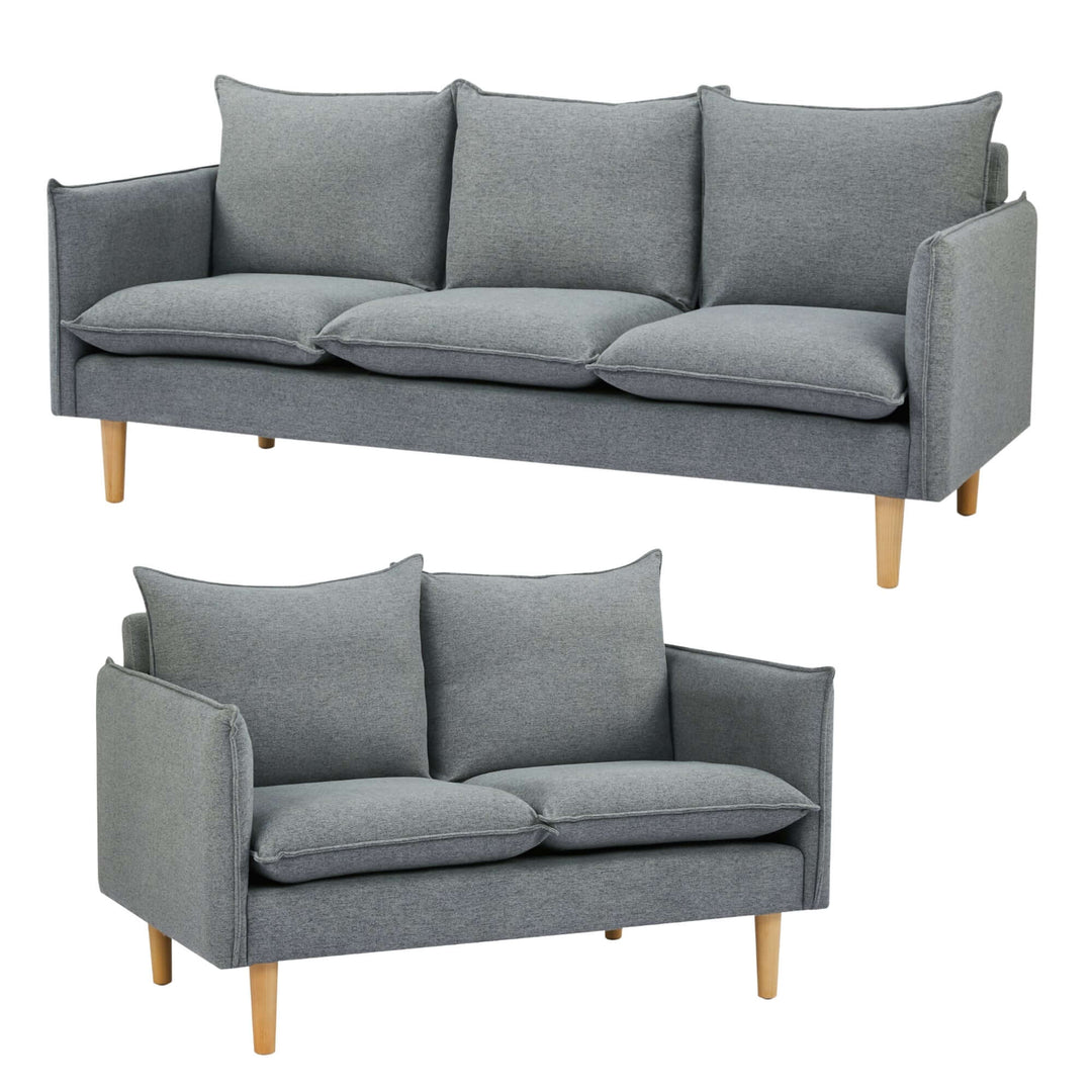 Dark grey 2+3 seater fabric sofa set displaying Scandinavian design and plush upholstery, ideal for affordable luxury.