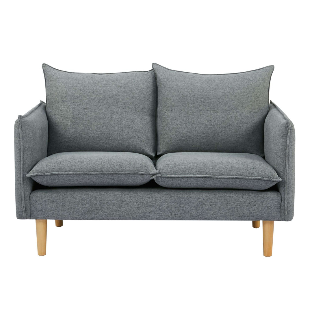 Affordable dark grey 2-seater sofa with plush upholstery and wooden legs for a stylish, comfortable lounge setting.