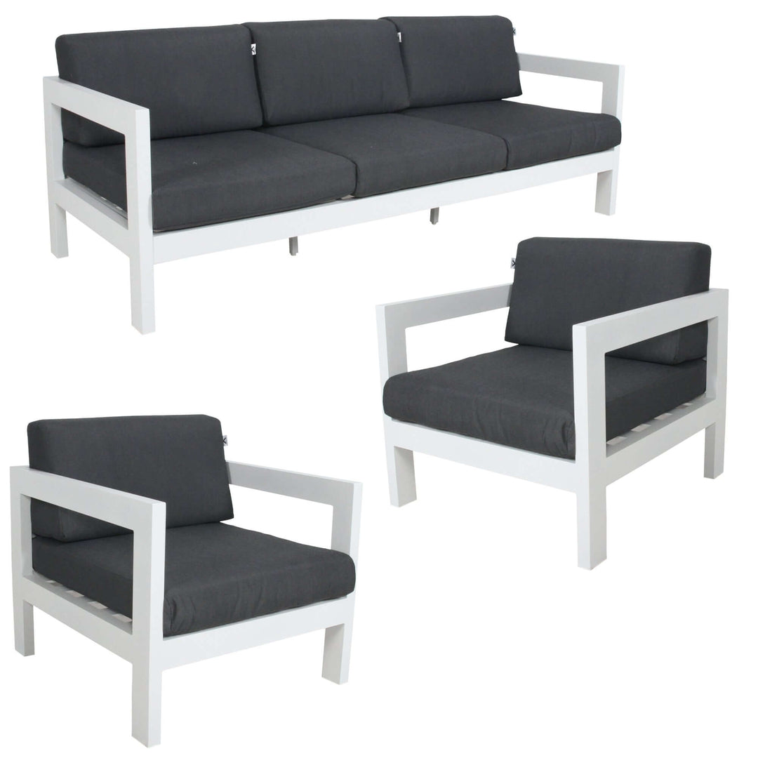 Affordable Outie 3pc Set outdoor sofa lounge with quality grey cushions and white aluminium frame, perfect for DIY patio relaxation.