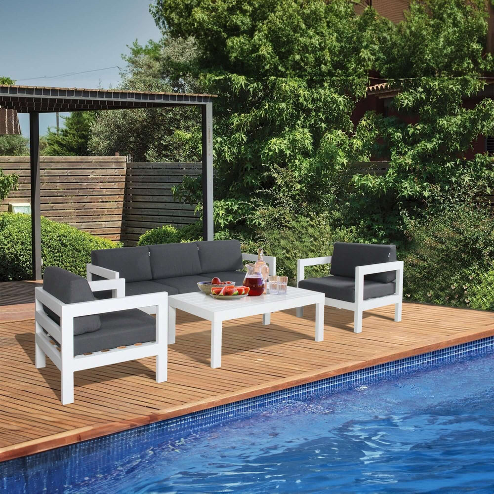 Affordable Outie 3pc outdoor sofa set with white aluminum frame and deep seating by the poolside, perfect for DIY modern lounging.