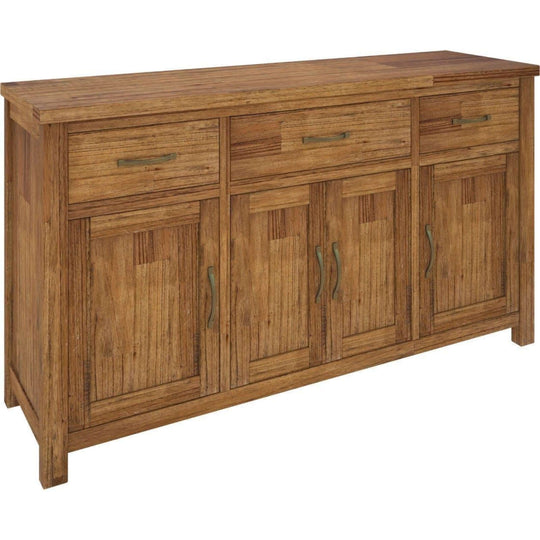 Birdsville Buffet Table 161cm 4 Door 3 Drawer Solid Mt Ash Timber Wood - Brown with metal handles and ample storage space