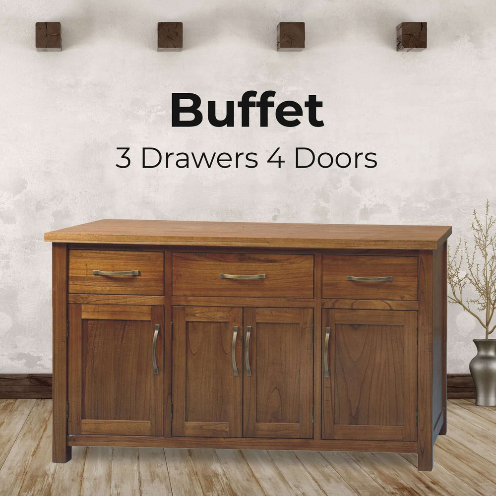 Birdsville Buffet Table with 4 Doors and 3 Drawers in Solid Mt Ash Timber Wood - Brown